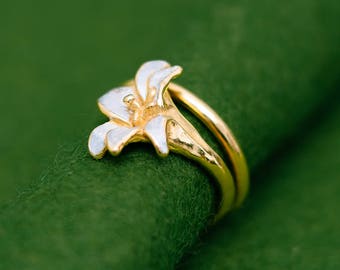 Bague lys - bague réglable - fleur - design classique - or et argent - bague japonaise - hypoallergénique - pour elle