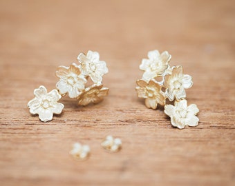 Sakura 18K Yellow Gold or Platinum earrings - Cherry blossom flowers - Swing earrings - Ethical Gold