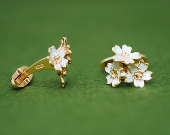 Cufflinks - Cherry blossom flowers - 3 flower - Japanese jewelry - Sakura earrings - Silver gold combination