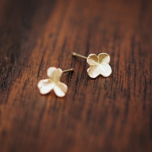 Op de afbeelding: Twee kleine, goudkleurige oorstekers. Elke oorbel heeft een vierbladige bloemvorm. De oorbellen zijn geplaatst op een donker houten oppervlak. De oorknopjes zijn delicaat en lijken van metaal te zijn.