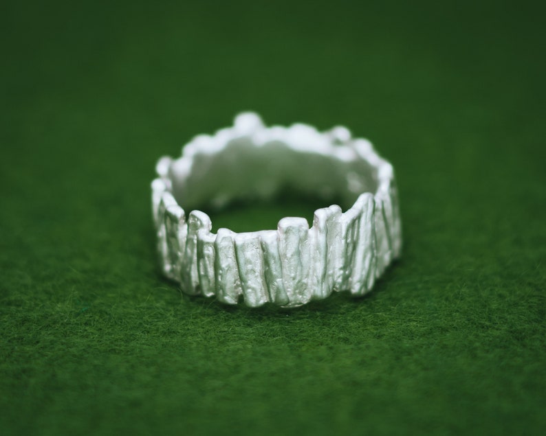 May include: A silver ring with a textured, organic design that resembles a row of vertical lines. The ring is on a green surface.