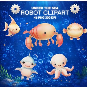 Robotprint, dierenprints, schattige oceaandieren, Under The Sea-decor, aquareltextuur, wandbekleding, visillustratie