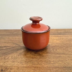 May include: A small, round, lidded ceramic container in a warm, reddish-brown colour. The lid has a small, rounded handle. The container has a dark brown rim and sits on a wooden surface. The design is simple and classic.