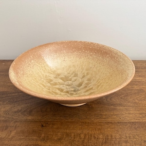 May include: A shallow ceramic bowl featuring a gradient colour scheme that transitions from a pale cream centre to a speckled, warm peach-toned rim. The interior surface displays a textured, dimpled pattern throughout the base.