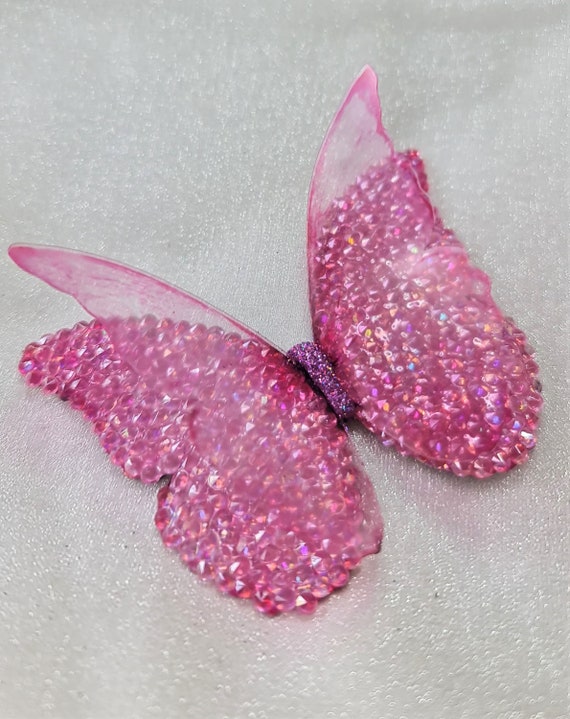 8cm Pink Crystal Resin Butterfly Ornament, Handcrafted, Raised 3D Wings,