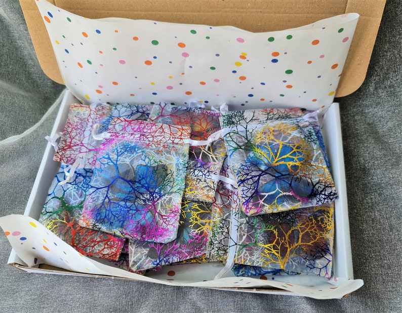 May include: A cardboard shipping box filled with multiple small, semi-transparent drawstring pouches. Each pouch features a colorful, branching, tree-like pattern in shades of blue, yellow, red, and purple. The box is lined with white tissue paper.