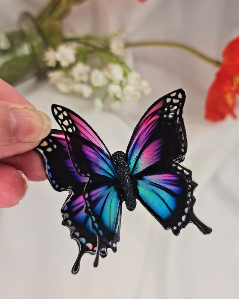 3D Iridescent Pink Blue Resin Butterfly, Handmade Irish Decor, Magnet Brooch Pendant Sticky Back image 3