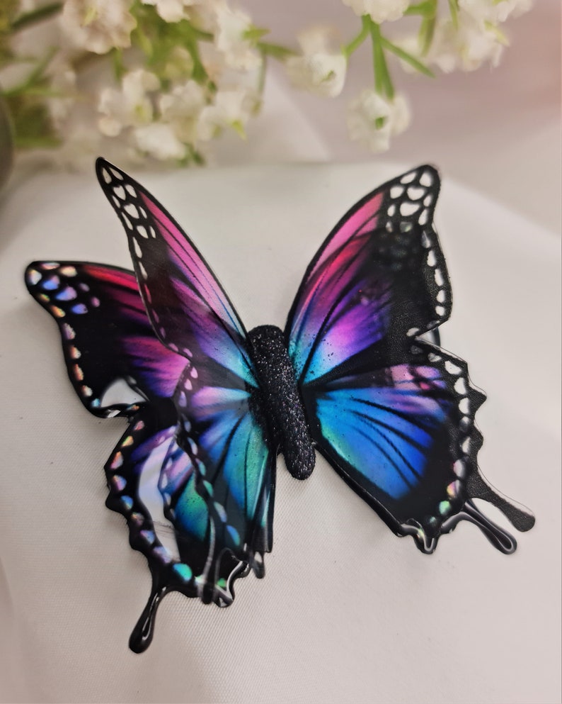 3D Iridescent Pink Blue Resin Butterfly, Handmade Irish Decor, Magnet Brooch Pendant Sticky Back image 5