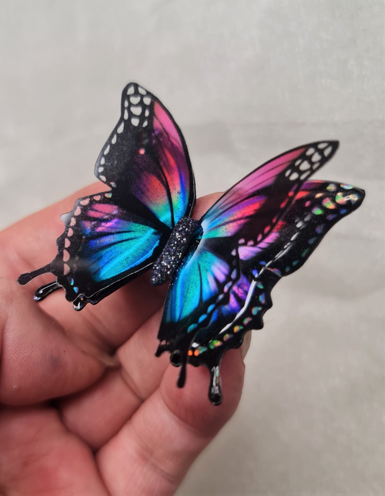 3D Iridescent Pink Blue Resin Butterfly, Handmade Irish Decor, Magnet Brooch Pendant Sticky Back image 1