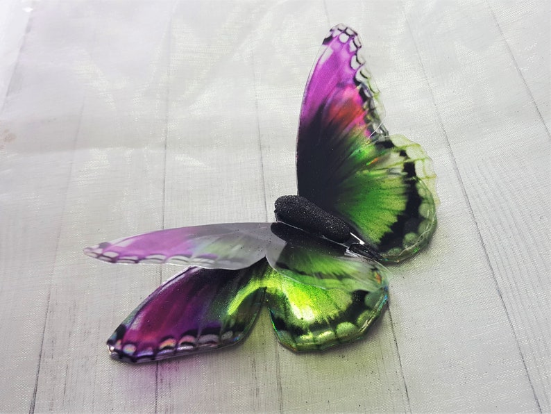 Green and Purple Iridescent resin holographic butterfly embellishment for art craft,wedding bouquet,sizes 5cm to 20cm,Custom sizes available