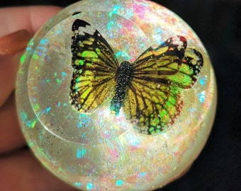 Yellow monarch resin butterfly with sparkles iridescent gold background,table decor,paperweight,ooak,unique,handcrafted,*Ready to post*