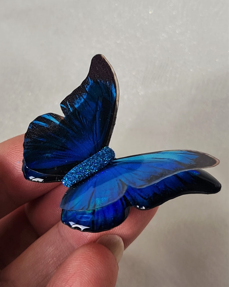 Iridescent Blue Morpho resin butterfly for weddings, jewelery, décor, something blue, sizes 5cm to 20cm, Custom sizes, wholesale available image 2