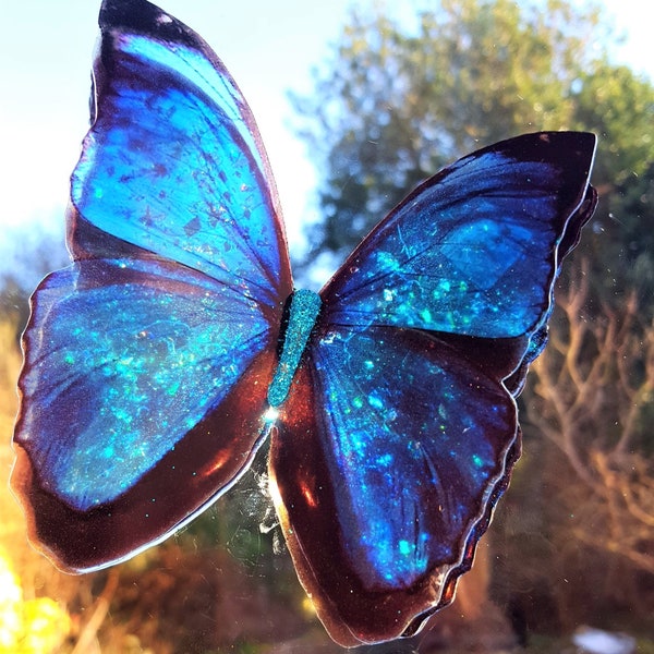 Papillon morpho bleu 3D transparent avec paillettes irisées pour fenêtres, miroirs, terrasse, décoration intérieure, cadeau unique, décoration d'été, cadeau