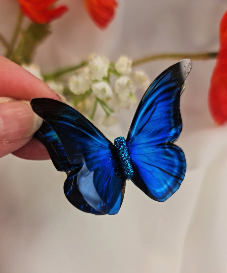 Iridescent Blue Morpho resin butterfly for weddings, jewelery, décor, something blue, sizes 5cm to 20cm, Custom sizes, wholesale available image 4