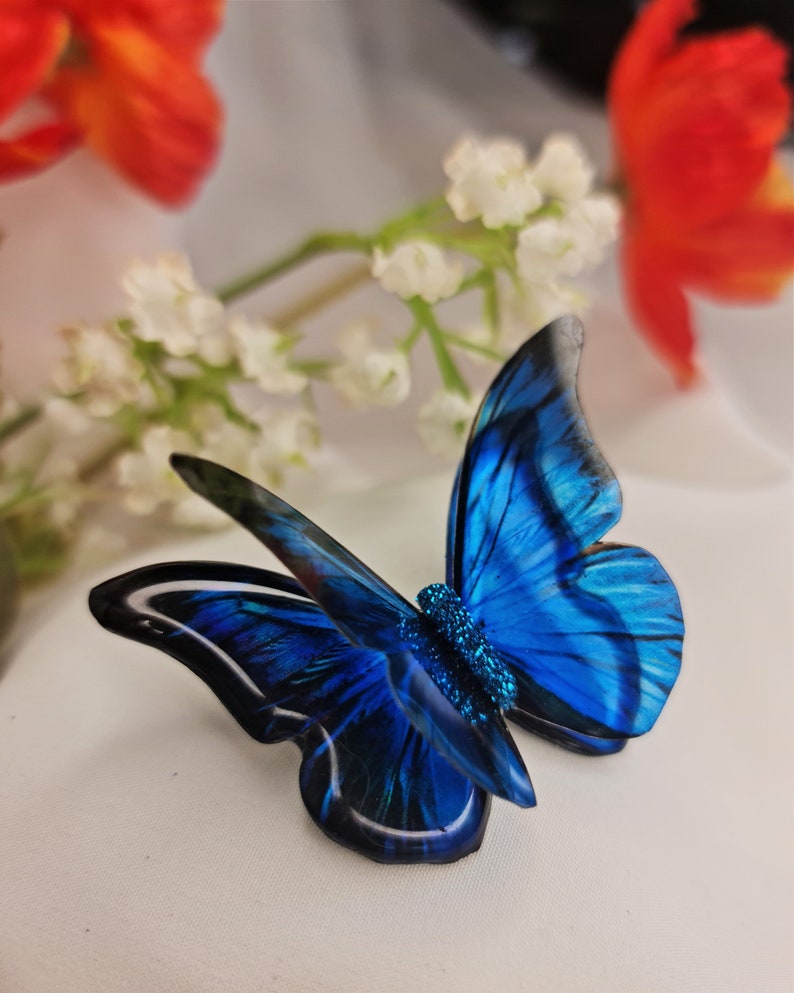 Iridescent Blue Morpho resin butterfly for weddings, jewelery, décor, something blue, sizes 5cm to 20cm, Custom sizes, wholesale available image 3