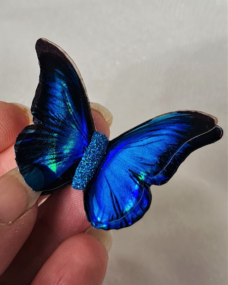 Iridescent Blue Morpho resin butterfly for weddings, jewelery, décor, something blue, sizes 5cm to 20cm, Custom sizes, wholesale available image 6