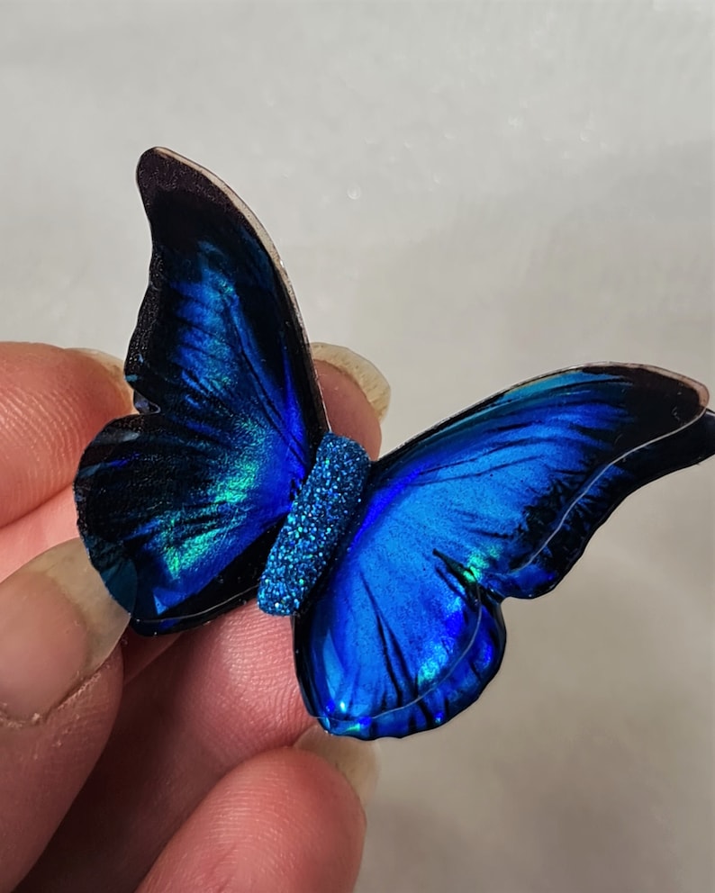 Iridescent Blue Morpho resin butterfly for weddings, jewelery, décor, something blue, sizes 5cm to 20cm, Custom sizes, wholesale available image 1