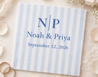 Personalized Monogram Cocktail Napkins | Blue Striped Wedding Reception Decor