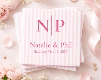 Personalized Wedding Cocktail Napkins – Monogram Initials, Names, Event Date, Pink Stripe