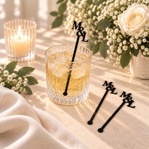 May include: Three black acrylic drink stirrers featuring the letters M&L at the top. One stirrer is placed inside a clear glass filled with an amber-colored liquid and ice cubes, while two identical stirrers lie flat on the surface nearby.