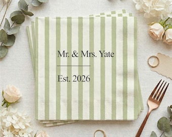 Personalisierte Mr. & Mrs. Hochzeit Servietten, Sage Grün Streifen, Nach Datum hergestellt