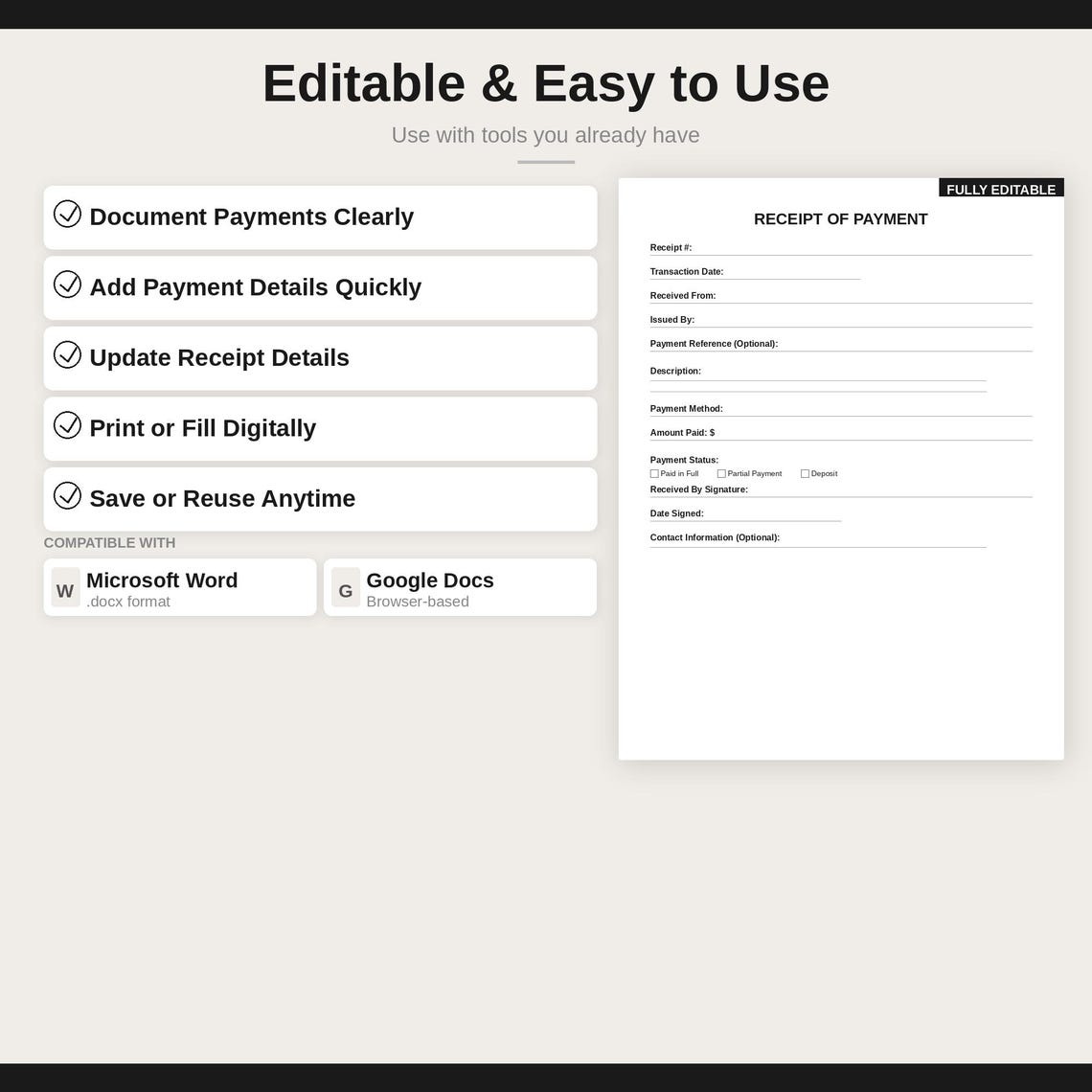 Payment Receipt Template | Proof of Payment Form | Printable Receipt ...