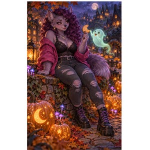 May include: An anthropomorphic wolf character with curly purple hair, wearing a black lace bralette, pink jacket, and distressed black jeans, sits on a stone wall holding a cookie near a small glowing ghost. The scene includes carved pumpkins.