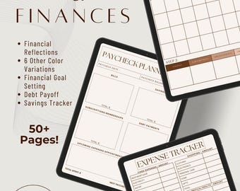 May include: Digital financial planner with a beige and brown color scheme. The planner includes sections for monthly planning, paycheck planning, and expense tracking. Text on the image includes "Feelings & Finances" and "50+ Pages!"