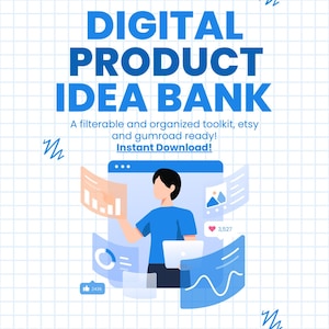 Puede incluir: Un gráfico de planificador de productos digitales sobre un fondo de cuadrícula blanca. El texto dice: Build your own product planner! DIGITAL PRODUCT IDEA BANK A filterable and organized toolkit, etsy and gumroad ready! Instant Download! 150+ Ideas Across 13 Categories!