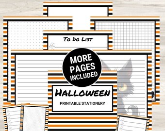 Black Cat Halloween papers, Orange printable stationary letter writing paper, Halloween writing stationery set, Cute stationary lined paper