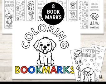 Dog bookmark coloring printable set, Home school reading minimalist bookmark favors birthday book lover gift