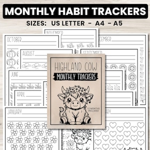 Op de afbeelding: Een printbare set van 12 maandelijkse gewoontetrackers met een Highland Cow-illustratie. De trackers zijn ontworpen voor gebruik met US Letter, A4 en A5 papierformaten.