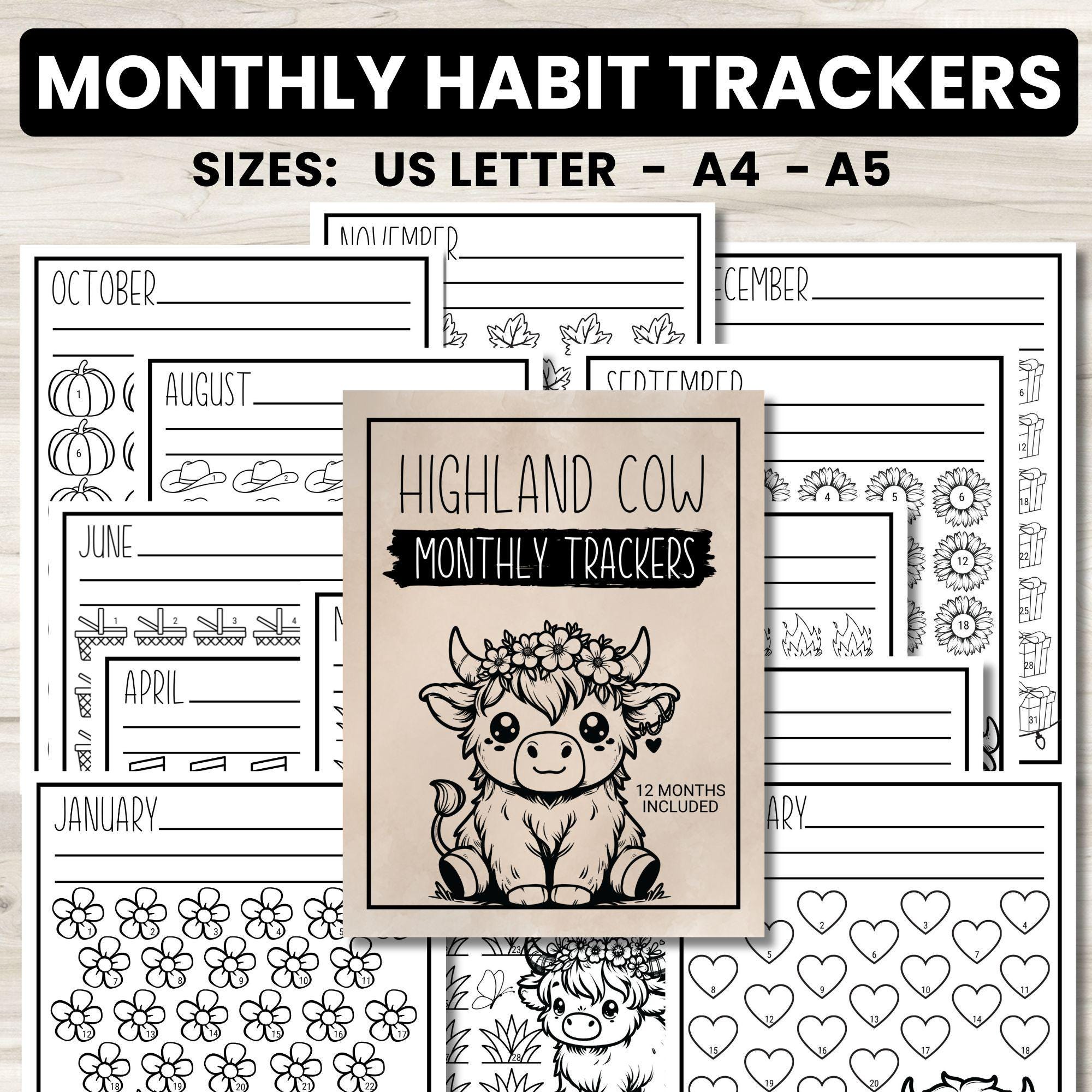 Highland Cow Monthly Tracker Printables for Kids and Adults, Goal Habit Mood Tracker, New Year 2025, Workout tracker, Reading Coloring log