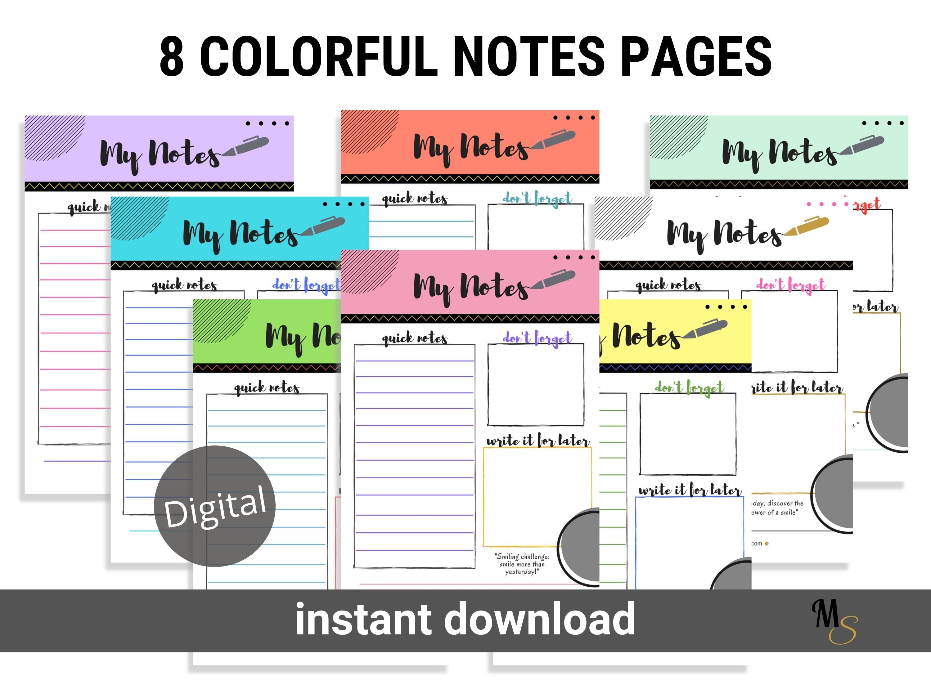 Note Paper Printable Colorful Notes Template Daily - Etsy Hong Kong