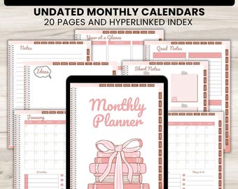 Book Lover Monthly Planner, Undated Digital Bookish iPad Android Calendar, Notebook Household Management