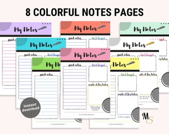 Note Paper Printable | Colorful notes template, Daily organizer, To do list, Instant Download