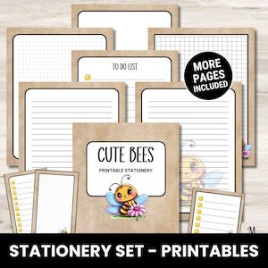 Cute Bumble bee Stationery Set, Printable Vintage Lined Paper, Letter Writing Note Taking, Bee Notepad Stationary Set for Women Kids Girls