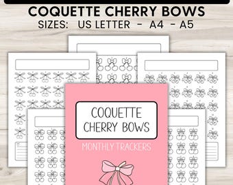 Coquette Cherry Bows Habit Tracker, Monthly Goal Tracker Coloring Pages Digital Download