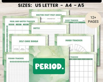 Green Sage Period Tracker Printables, Women Printables, Yearly Pixel Tracker, Self Care Bingo Tracker, Bullet Journal, Feelings Wheel Mood
