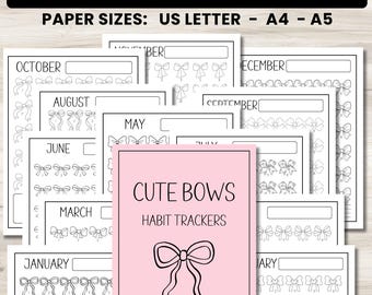 Cute Bows Habit Tracker Printables, 30 Day Habit Trackers, Women Water Workout Monthly Tracker, Coquette Bows Coloring Goal Trackers
