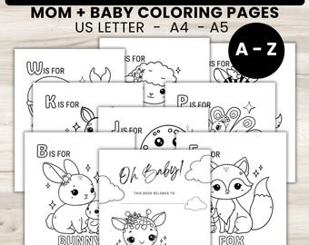 Mom and Baby Animals Baby Shower Coloring Book, DIY Activity Book Engage Shower Guest, ABC Baby Guestbook, Alphabet Baby First ABC Book Page