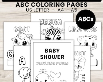 Animals Baby Shower Coloring Book, DIY Activity Book Engage Shower Guests, Baby Shower ABC Baby Guestbook, Alphabet Baby First ABC Book Page