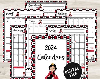 2024 Vertical Calendar, Girly calendar queen of hearts printables, Queen of hearts fan, Monthly calendar printable, Daily organizer planner