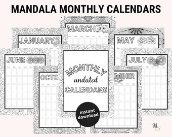 Mandala Calendar Printables, Undated Coloring Calendar PDF 8.5x11, Sunday Start Desktop Calendar, Planner Insert