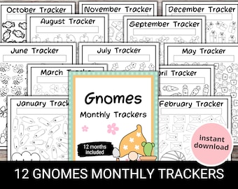 Gnomes Monthly Habit Tracker Printables for Kids and Adults, 30 day habit tracker, Workout tracker, Goal tracker, Coloring logs