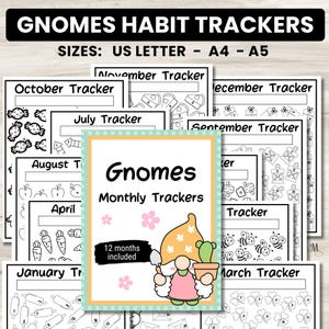 Gnomes Monthly Habit Tracker Printables for Kids and Adults, 30 day habit tracker, Workout tracker, Goal tracker, Coloring logs