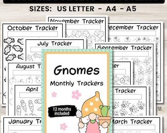 Gnomes Monthly Habit Tracker Printables for Kids and Adults, 30 day habit tracker, Workout tracker, Goal tracker, Coloring logs