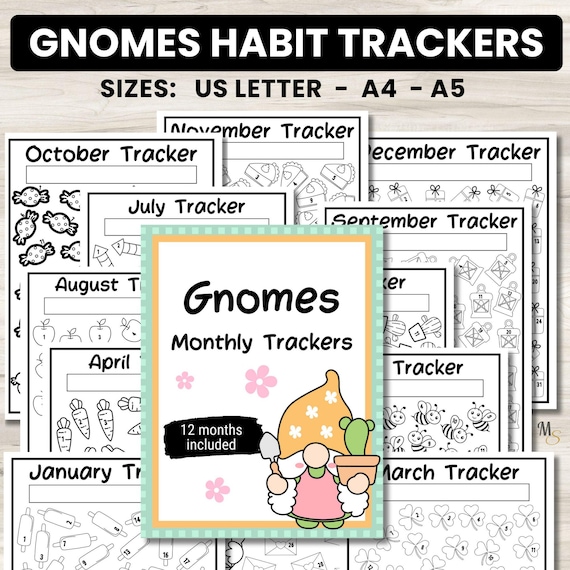 Gnomes Monthly Habit Tracker Printables, 30 Day Habit Tracker, Workout Goal Tracker Coloring Pages