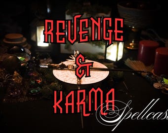 May include: A dark, atmospheric image with the words "REVENGE & KARMA" in red, stylized text. A compass-like object is centered, with candles, lanterns, and other mystical items surrounding it. The word "Spellcast" is written in white script.