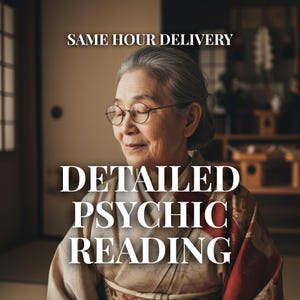 May include: An elderly woman wearing glasses and a patterned kimono. The image has text that reads "SAME HOUR DELIVERY" and "DETAILED PSYCHIC READING". The background is a traditional Japanese interior with soft lighting.